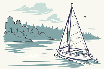 Fototapeta premium Watercolor sailboat on serene lake vector illustration