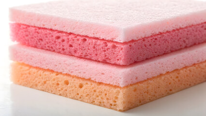 A stack of pink and orange cleaning sponges shows a soft and absorbent texture
