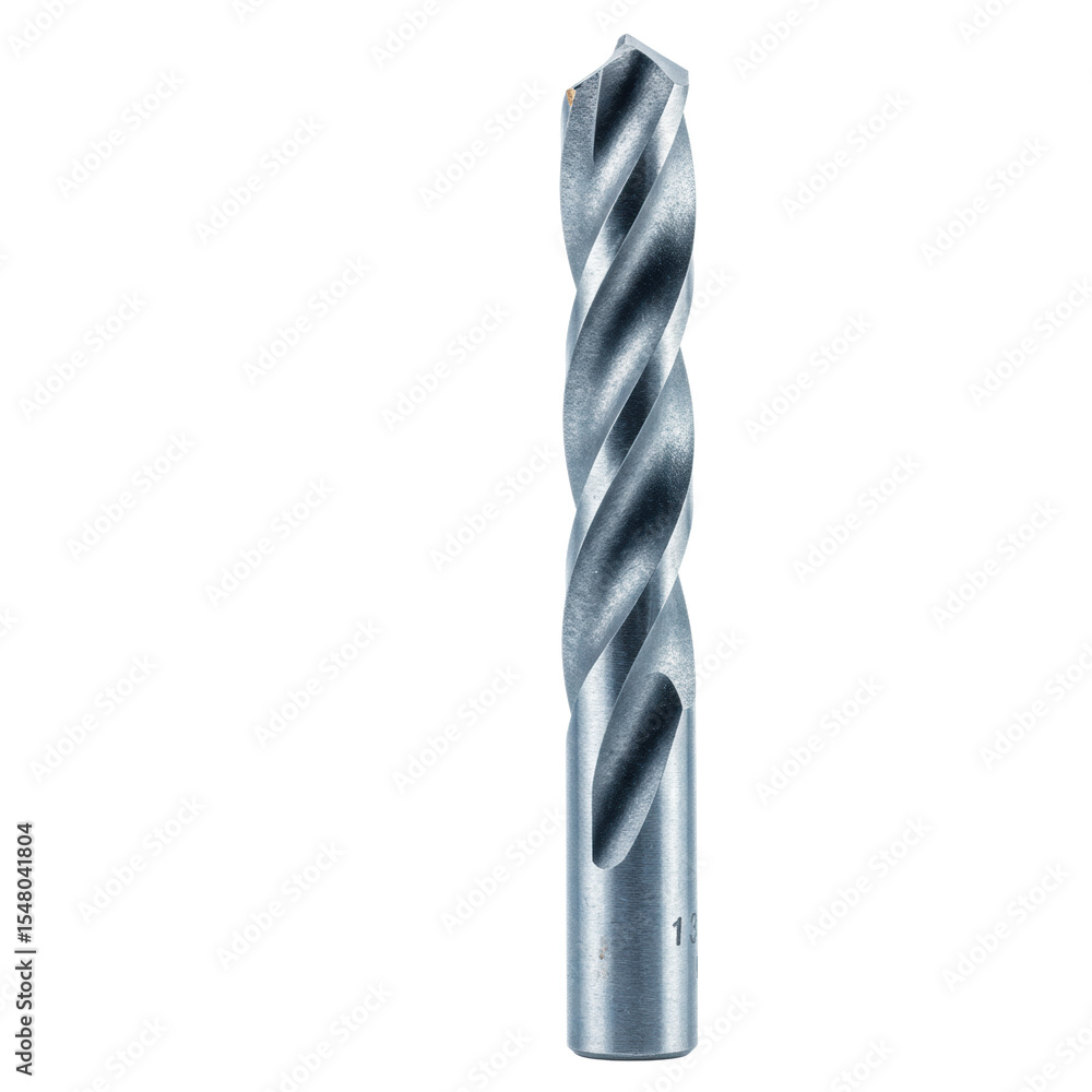 Poster a pristine cobalt twist drill bit with sharp cutting edges and helical flutes, isolated on a bright 