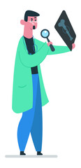 Medical practitioner wearing stethoscope and lab coat using magnifying glass to carefully analyze radiograph showing bone fracture, emphasizing medical diagnosis and healthcare