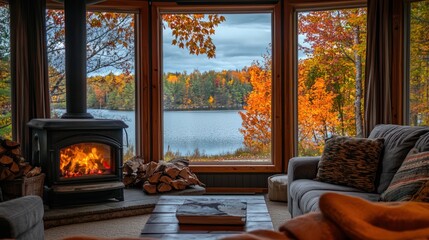 Cozy Autumn Zoom Background With Scenic Lake View