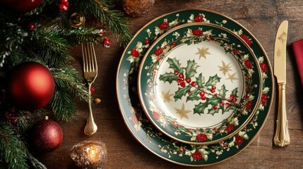 Christmas dinner setting with decorative plates and cutlery.