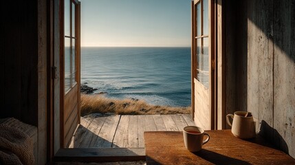 Cozy Coastal Cabin View of Open Sea Through Wooden Doors with Morning Light, Coffee Mug, and Peaceful Atmosphere