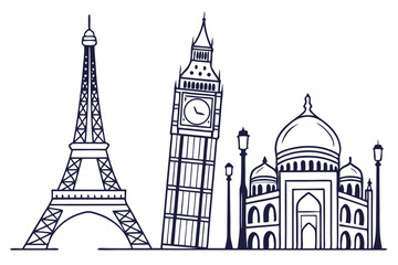 Obraz premium Minimalist line art travel landmarks eiffel tower big ben and more