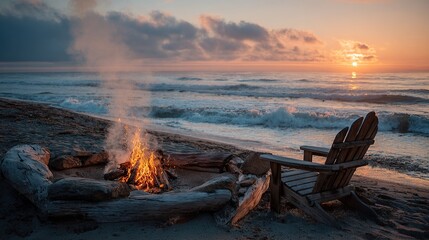 Serene Beach Bonfire at Sunset with Wooden Chair and Driftwood Circle Beside Gently Crashing Ocean Waves
