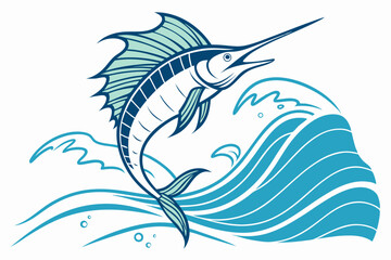 Single line sailfish leaping from ocean wave