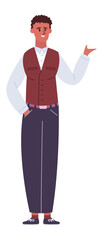 Young man wearing uniform and showing something with hand gesture, standing pose, full length portrait, flat vector illustration isolated on white background