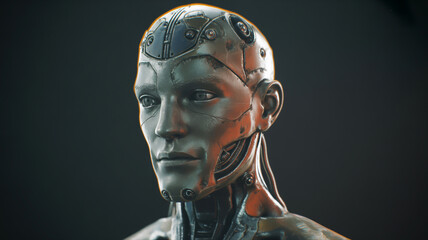 A photorealistic 3D render of a cyberpunk-style robotic head against a dark background