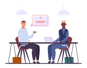 Two businessmen sitting at a table engage in a job interview, one asking questions while the other types on a laptop, facilitating a professional conversation about potential employment