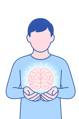 Illustrated person holding glowing brain with wristbands on white background