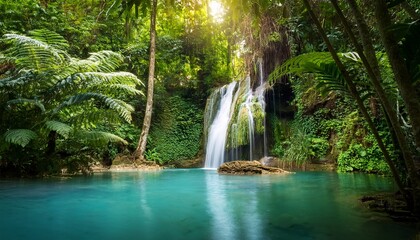 Obraz premium lush tropical rainforest lagoon with cascading waterfall