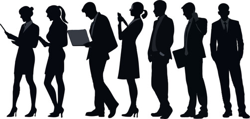 Business Silhouettes: A row of diverse business professionals stand in silhouette, each engrossed in their respective tasks, symbolizing a modern workforce.