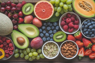 Overhead view of assorted fresh fruits, berries, nuts, and seeds arranged on a wooden surface.