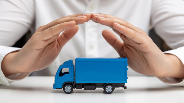 A product photography shot of a small blue toy delivery truck with a black cab and trailer, positioned on a white surface.