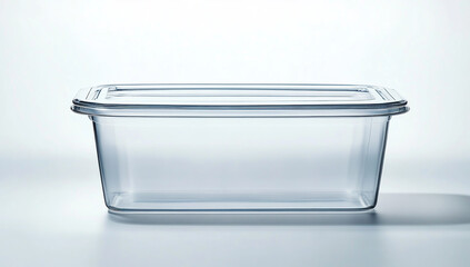 Clear plastic rectangular container with lid, white background, high-resolution professional photograph, sharp focus, studio