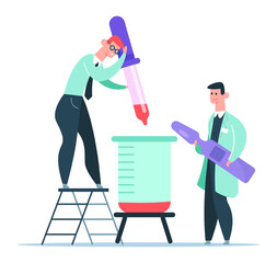 Two male scientists working together in a laboratory, adding reagent to a test tube during an experiment, using a dropper and a large pipette, standing on a ladder and smiling