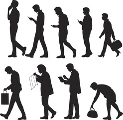 Obraz premium Silhouettes of Modern Life: A series of eight distinct silhouettes depict individuals engrossed in various modern activities.