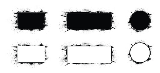 Grunge Ink Frames Set, Black and White Circular and Rectangular Text Boxes with Splash Borders.