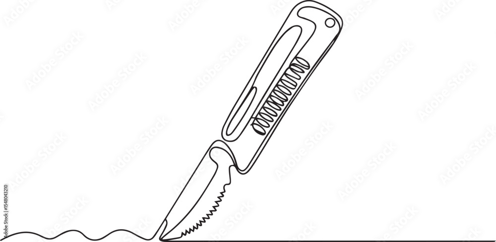 Poster continuous single line drawing of a utility knife with textured handle and retracted blade on white 