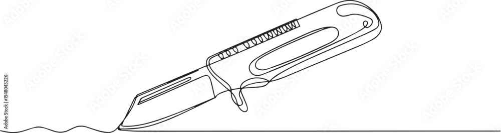 Poster continuous single line drawing of a utility knife with textured handle and retracted blade on white 