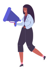 Smiling businesswoman walking and holding megaphone making announcement, advertising something, sharing news, protesting, attracting attention, giving speech, or fighting for equal rights