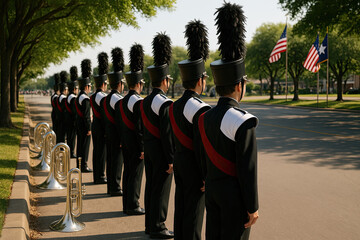 Marching Band Preparing for Parade in Morning Light