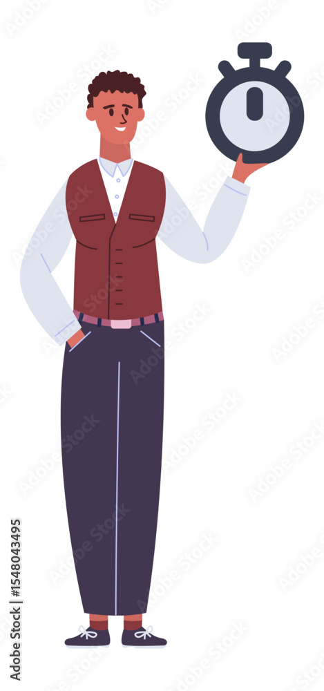 Poster smiling businessman holding a large stopwatch, managing time effectively and highlighting deadlines 