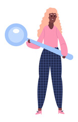 Full length portrait of a young black woman holding a giant magnifying glass, searching or investigating something, simple flat vector illustration isolated on white background