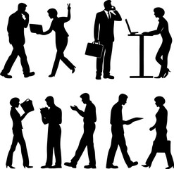 Business People Silhouettes: A collection of diverse business people silhouettes showcasing various work activities such as using laptops, making phone calls, and walking.