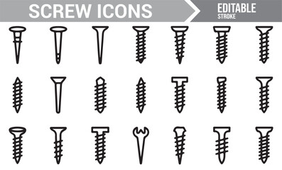 Set of Screw Icons Representing Various Screw Designs and Types