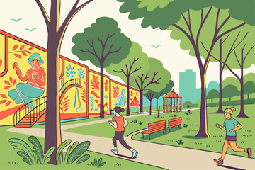 City park mural joggers vibrant vector illustration © MD KABIR HOSSSAIN