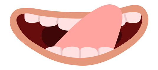 Cartoon mouth wide open, displaying a playful tongue and bright teeth, licking lips in anticipation. Isolated illustration on a clean white background, capturing a cheerful expression