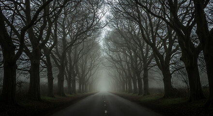Obraz premium Atmospheric Fog Enveloping a Mysterious Avenue of Trees