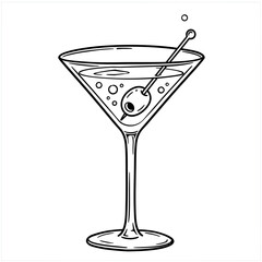 Elegant line art of a martini cocktail with olive garnish on white background