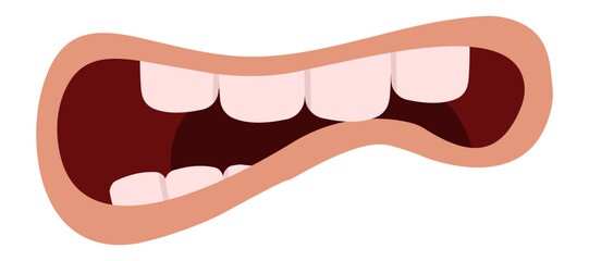 Open cartoon mouth showing teeth and tongue, expressing a variety of emotions such as anger, surprise, happiness, or fear, isolated on white background