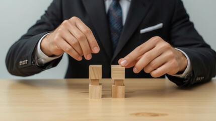 Businessman separates wooden blocks. Divorce and legal services.