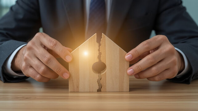 Businessman separates wooden blocks. Divorce and legal services.