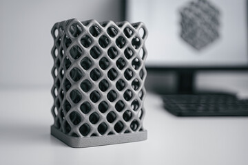 Macro view of 3D-printed metallic lattice object on desk with blurred monitor background