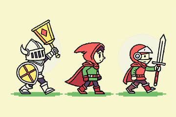 Pixel art knights set of retro style character designs