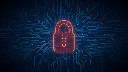 Glowing padlock icon on blue background. Digital data protection. Cyber ​​data (Information Privacy).