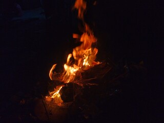 The process of burning a campfire that burns brightly in the darkness, with bright orange and...