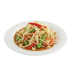 Spicy green papaya salad on a white plate, garnished with peanuts, chili peppers, and tomatoes. The salad has a vibrant color and appetizing texture