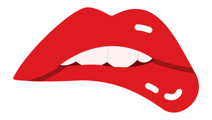 Obraz premium Cartoon illustration of red lips biting lower lip with white teeth on white background, representing concepts such as seduction, sensuality, desire, and beauty