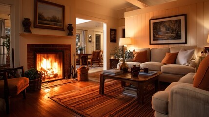 Fototapeta premium Cozy living room with lit fireplace and warm evening light. Plush sofa and coffee table in a tidy home interior. Comfort and relaxation. Ideal for real estate and lifestyle ads.