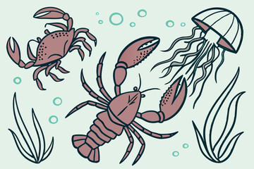Nautical marine life illustration crabs lobsters and more © MD KABIR HOSSSAIN