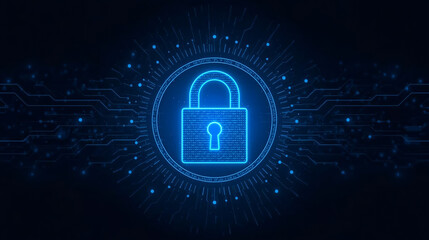 Glowing padlock icon on blue background. Digital data protection. Cyber ​​data (Information Privacy).