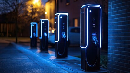 Eco-friendly electric vehicle charging stations with neon blue accents