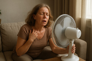 Middle-aged woman cooling down with fan at home on a hot day