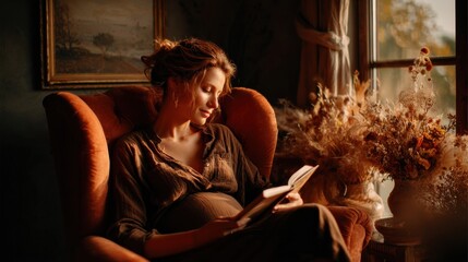 Mixed pregnant woman reading a book in a soft armchair