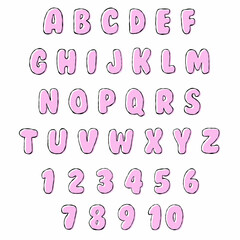 Bright pink funky cartoon alphabet letters and numbers icon set, back to school background, multicolor kids education design, black contour line